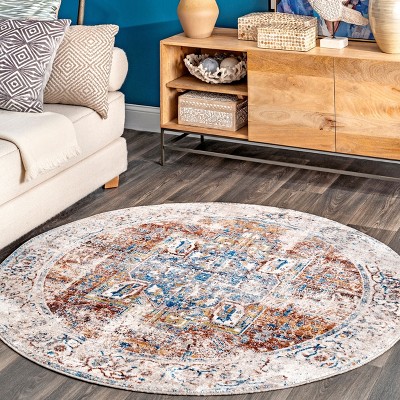 Ivory Round Medallion Synthetic Area Rug with Fringe