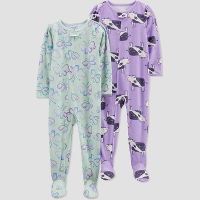 Image of Carter's Just One You®️ Toddler Girls' 2pk Cows and Butterflies Footed Pajama - Green/Purple 12M