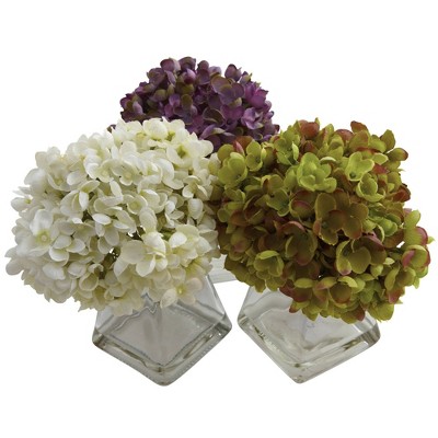 Set of 3 Multicolor Artificial Hydrangea Arrangements with Glass Vases