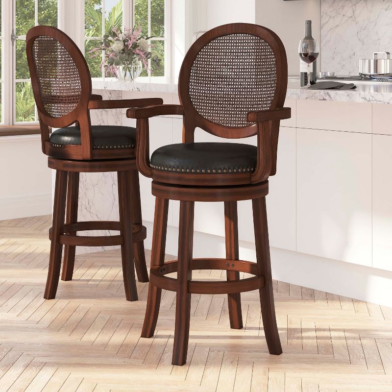 Merrick Lane 30" Swivel Bar Stool with Oval Rattan Back, Arms and Black Faux Leather Upholstered Swivel Seat in Espresso, 3 of 10