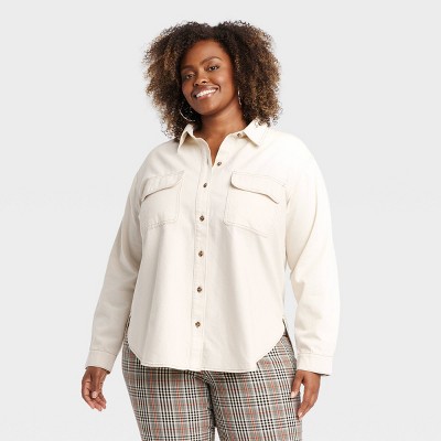 Women's Denim Long Sleeve Button-Down Shirt - Ava & Viv™ Off-White 1X