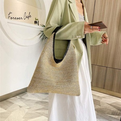 BEAFUP Hand-woven Straw Shoulder Bag Boho Black Leather Top Handle Tote Retro Summer Beach Bag Holiday Travel Handbag