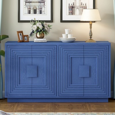 VYNXARIA Buffet Cabinet with Storage,4-Door Vintage Fluted Sideboard Cabinet with Adjustable Shelves for Dining Room,and Living Room(Navy Blue)