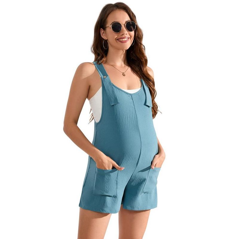 Maternity Overall Shorts Summer Casual Button Sleeveless Jumpsuits Romper with Pockets, 1 of 8