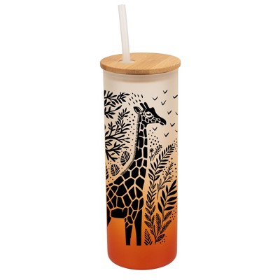 Elanze Designs Floral Safari Giraffe Orange Frosted Gradient Glass Tumbler with Bamboo Lid & Straw 25 ounce Reusable Iced Coffee or Water Cup,
