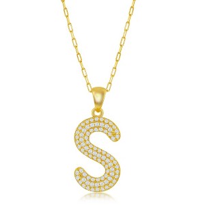 Bella Silver Sterling Silver Micro Pave CZ Block Initial w/Paperclip Chain Gold Plated 18" Pendant Necklace - 1 of 2