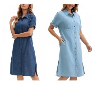 INSPIRE CHIC Women's Midi Denim Summer Short Sleeve Button Down Casual Long Tunic Jean Shirt Dress 2 Packs - 1 of 4