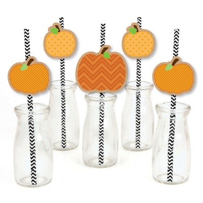 Big Dot of Happiness Pumpkin Patch Paper Straw Decor - Fall or Halloween Party Striped Decorative Straws - Set of 24