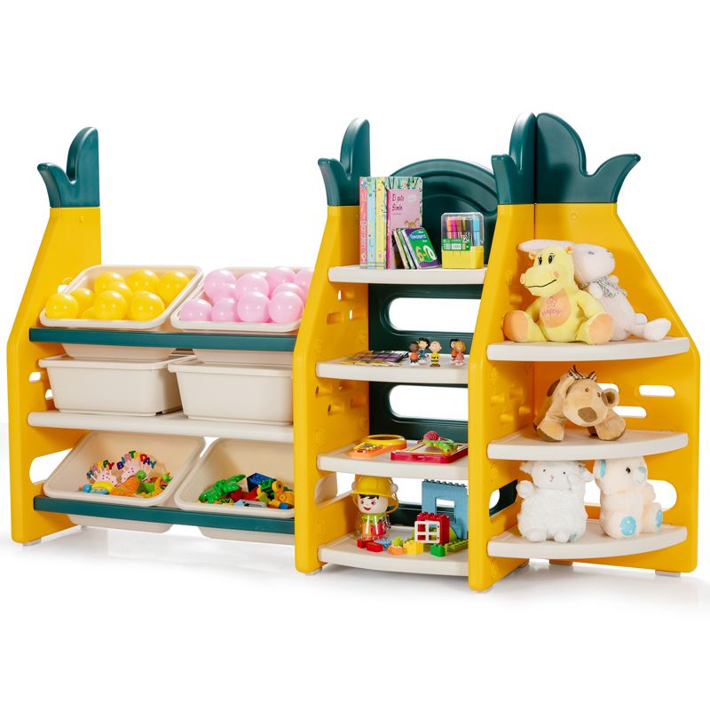 Tangkula 3-in-1 Kids Toy Storage Rack Pineapple Toy Organizer Storage Cabinet w/Plastic Bins & Shelves, 4 of 7