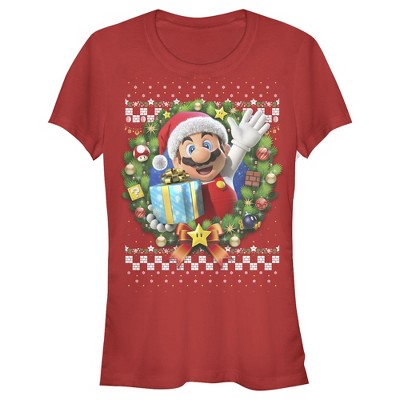Juniors Womens Nintendo Ugly Christmas Mario Wreath T-Shirt