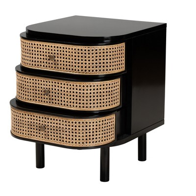 Nabila Black Bayur Wood and Natural Rattan 3-Drawer Nightstand