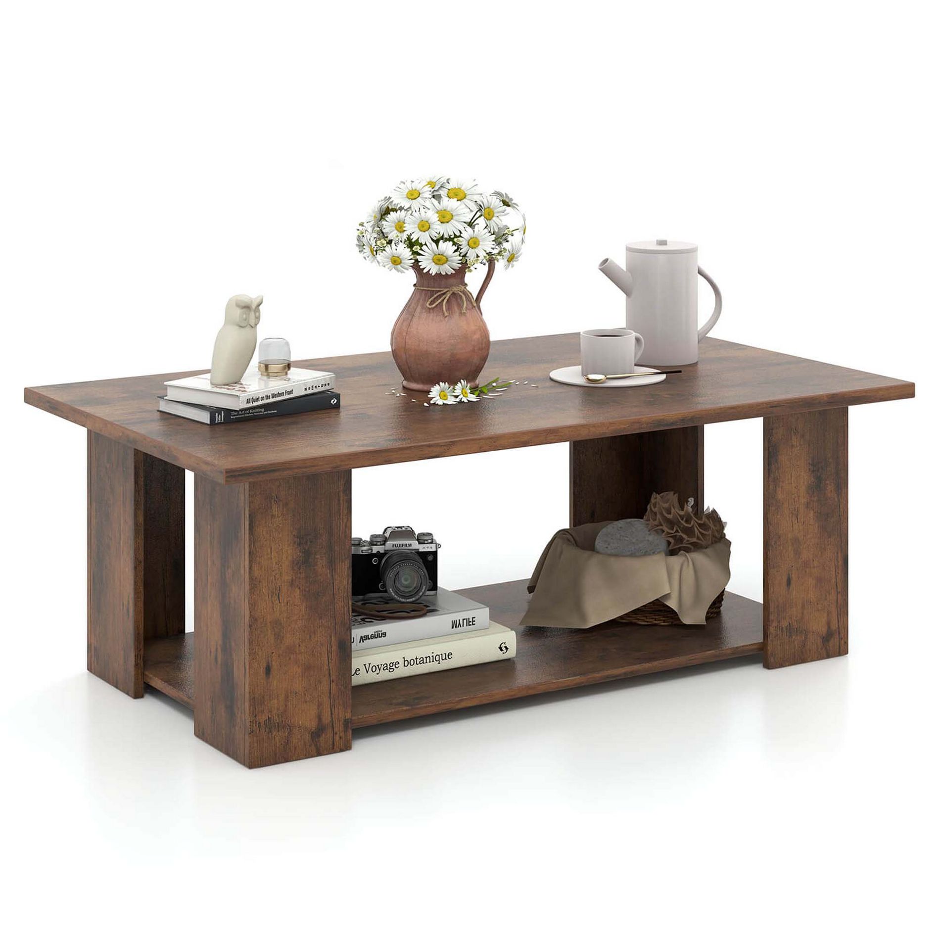 Costway Coffee Table 2-Tier Modern Center Cocktail Table with Storage Shelf for Living Room Brown