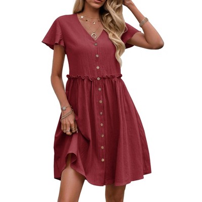 Womens Summer Casual Dress Button Down V Neck A Line Dress Ruffle Flowy Smocked Dress Short Sleeve Flared Dress