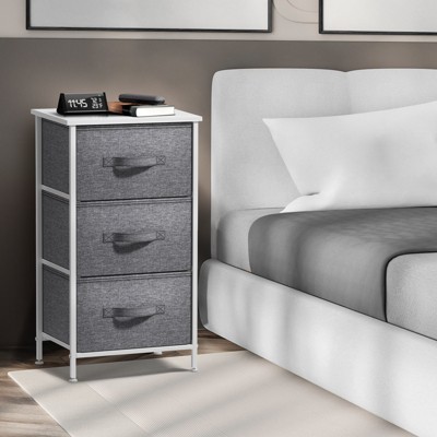 White and Gray Steel Frame Nightstand with 3 Fabric Drawers
