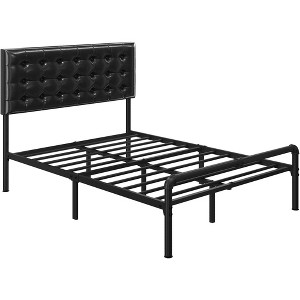 Yaheetech Metal Platform Bed Frame with Square Tufted Faux Leather Upholstered Headboard - 1 of 4