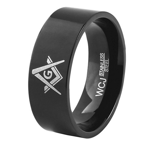 90008 STAINLESS STEEL MENS MASON SYMBOL BLACK STRIPED ENAMEL DESIGN SIGNET  RING - Gemelli Jewelers