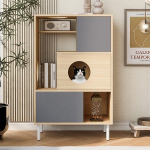 Whisen Furniture-Style Cat Bookcase & Cabinet & Cat Tree with Hidden Nap Space, Handle-Free Door, Multi-Use Storage Organizer - 1 of 4
