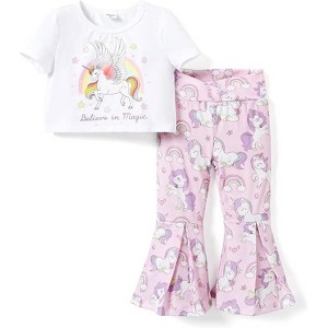 PATPAT Girls Clothes 2Pcs 3D Short Sleeve Crop Top Unicorn Girl Bell Bottom Summer Outfit Toddler to Big Kids 3-8Y - 1 of 4