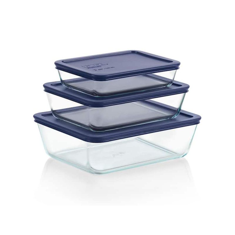 Pyrex 6-cup Rectangle Glass Food Storage Containers with Blue Plastic Lids 4 Pack, 3 of 6