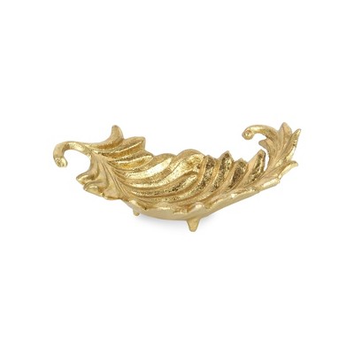 HomeRoots 10" Gold Cast Iron Leaf Handmade Trinket Tray