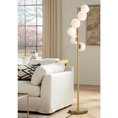 67" Brass and White Glass Globe Tree Floor Lamp