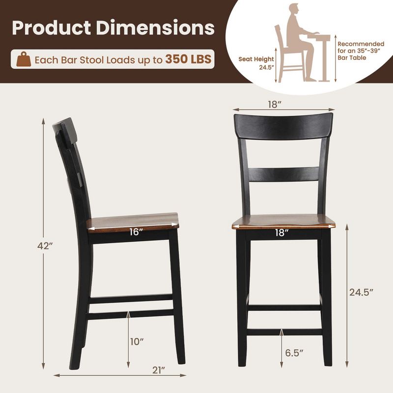 Costway Wooden Bar Stool Set of 2 Bar Chairs with LVL Rubber Wood Frame, Backrest, Footrest Black/White, 3 of 11