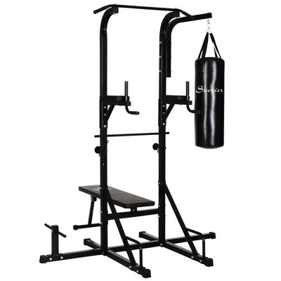 Soozier Home Gym Power Tower with Bench and Punching Bag Multi-Function Adjustable Dip Sit Up Workout Station Equipment Heavy Duty for Home
