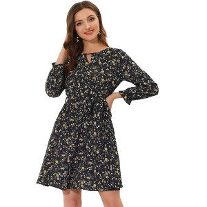 INSPIRE CHIC Women's Round Neck Long Sleeve Elastic Tie Waist Dress - 1 of 4