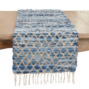 Saro Lifestyle Woven Chindi Net Fringed Table Runner, Blue, 16"x72" - 1 of 3