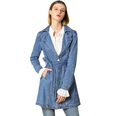 Allegra K Women's Notched Lapel Belted Trench Long Denim Jacket Light Blue X-Small — фото 4