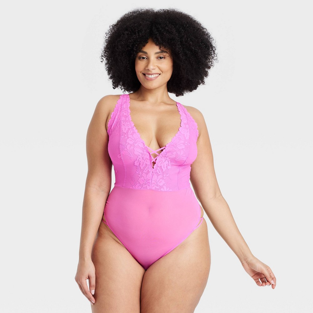 Women's Lace-Up Halter Lingerie Bodysuit - Auden™ Neon Pink different size 