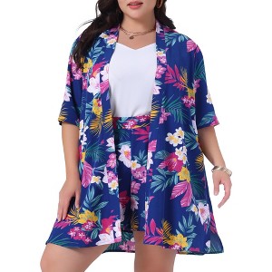 Agnes Orinda Women's Plus Size 2 Piece Tropical Print Cardigan Summer Floral Tops and Shorts Sets - 1 of 4