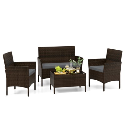 Tangkula 4 Piece Patio Rattan Conversation Set Outdoor Wicker Furniture Set w/ Chair Loveseat & Tempered Glass Table Beige/Black/Gray/Navy/Turquoise