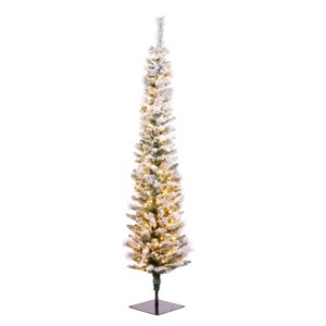 National Tree Company 6' Pencil Slim Flocked Nooksack Fir Artificial Christmas Tree Warm White LED Lights - 1 of 3
