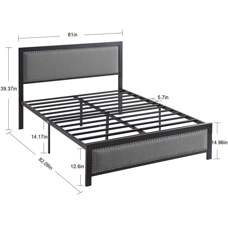 VECELO Metal Bed Frame with Linen Upholstered Headboard, Platform Bed with 12.6 in. Under Bed Storage and Nailhead, 2 of 12
