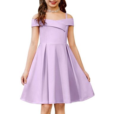 Arshiner Girls Summer Dress Off Shoulder Fold Pleated Formal Elegant A-Line Party Dresses with Pocket Purple 9-10 Years
