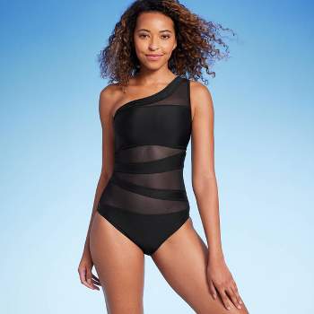 Women's Mesh Front Asymmetrical One Shoulder One Piece Swimsuit - Shade & Shore™ Black