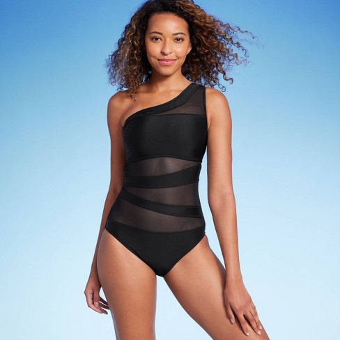 Women's Mesh Front Asymmetrical One Shoulder One Piece Swimsuit - Shade &  Shore™ Black XS