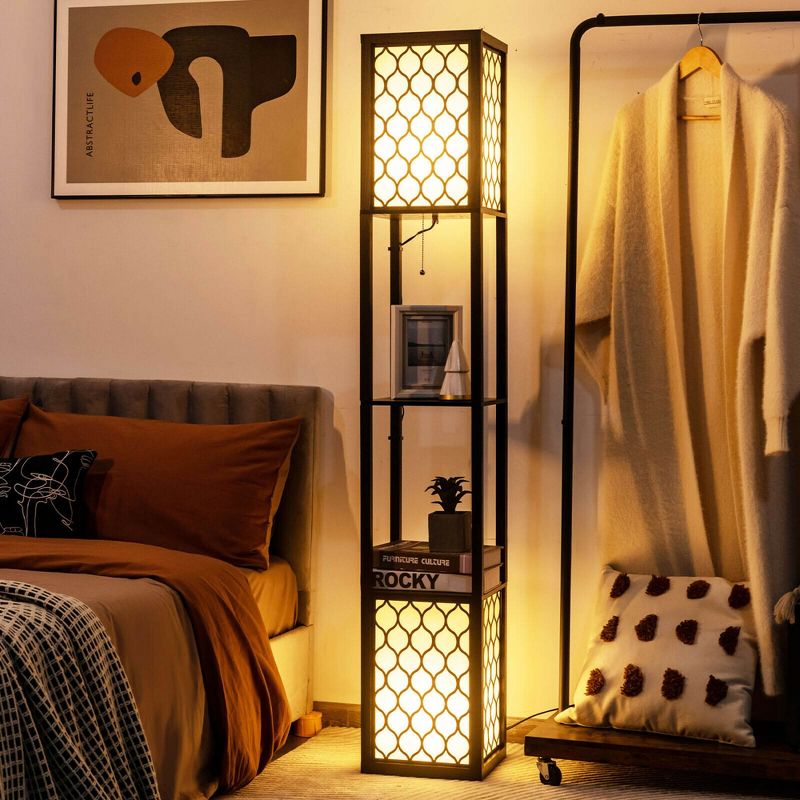 Costway Modern Shelf Floor Lamp Freestanding Double Lamp Pull Chain & Foot Switch, 2 of 11