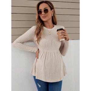 Maternity Tops Round Neck Ribbed Knit Long Sleeve Stretch Tshirt Top - 1 of 4