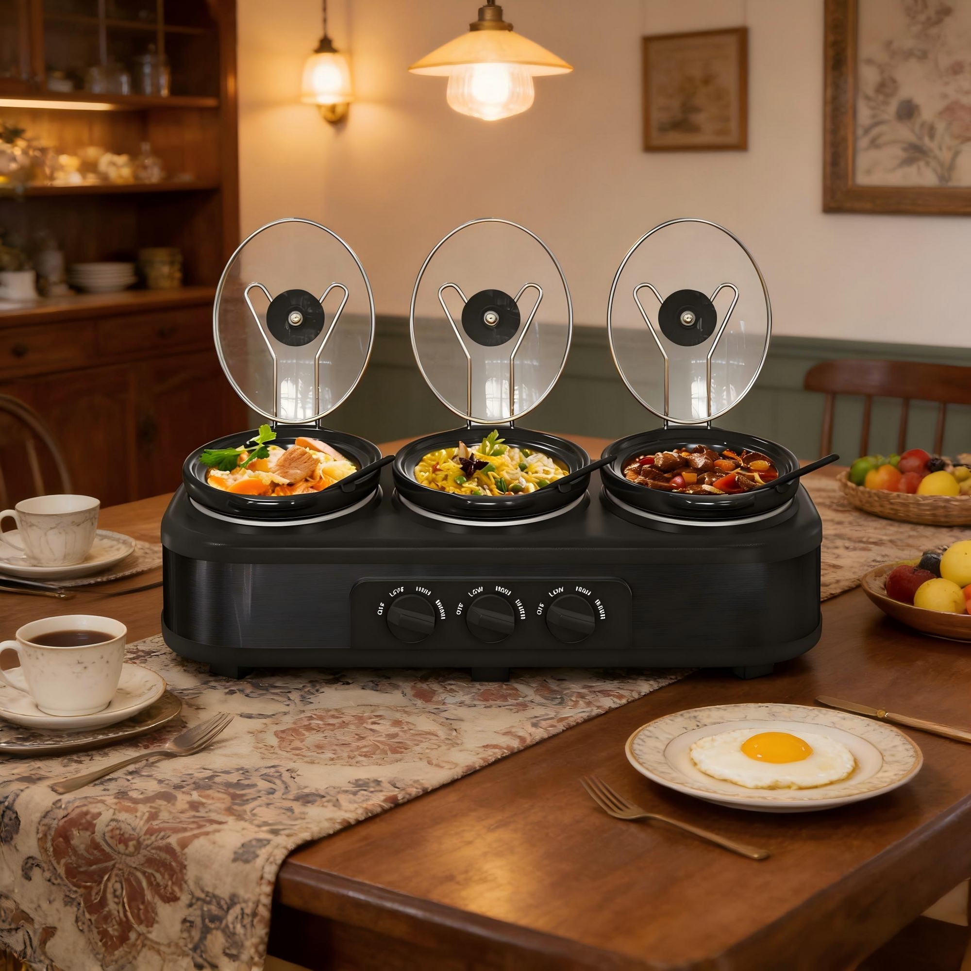Heynemo Triple Slow Cooker Buffet Servers and Warmer with Adjustable Temp, Stainless Steel Lid Rests, Removable Ceramic Pot, 4.5 QT, Black