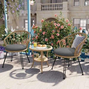 Outdoor Leisure Set, 2 Rattan Single Chairs with A Glass Round Table, Perfectly Suited for Patios, Balconies, and Courtyards - 1 of 4