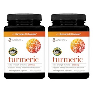 Youtheory Turmeric Extra Strength 1,000mg – With 10mg black pepper, curcumin joint support, soy/dairy/gluten free, 180 vegetarian capsules (2 pack) - 1 of 4