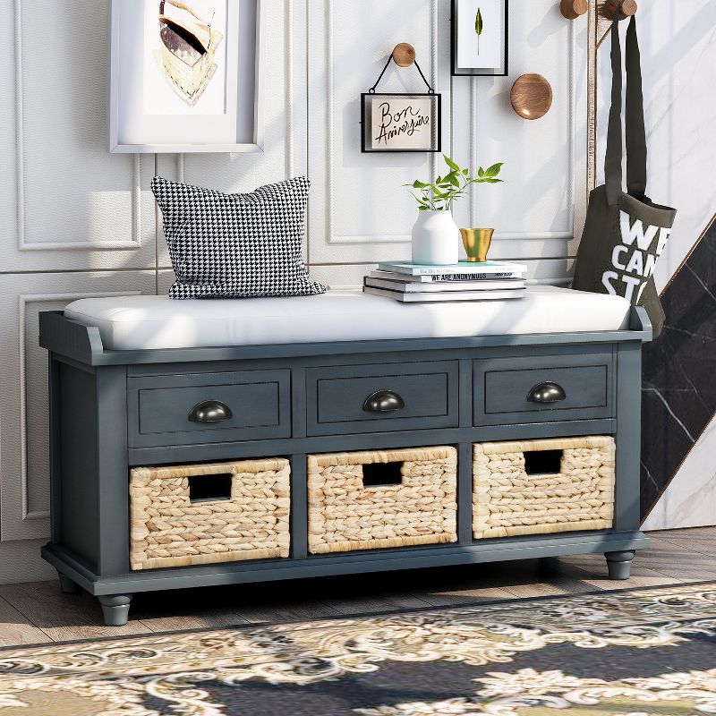 Rustic Storage Bench with 3 Drawers and 3 Rattan Baskets-ModernLuxe, 1 of 10