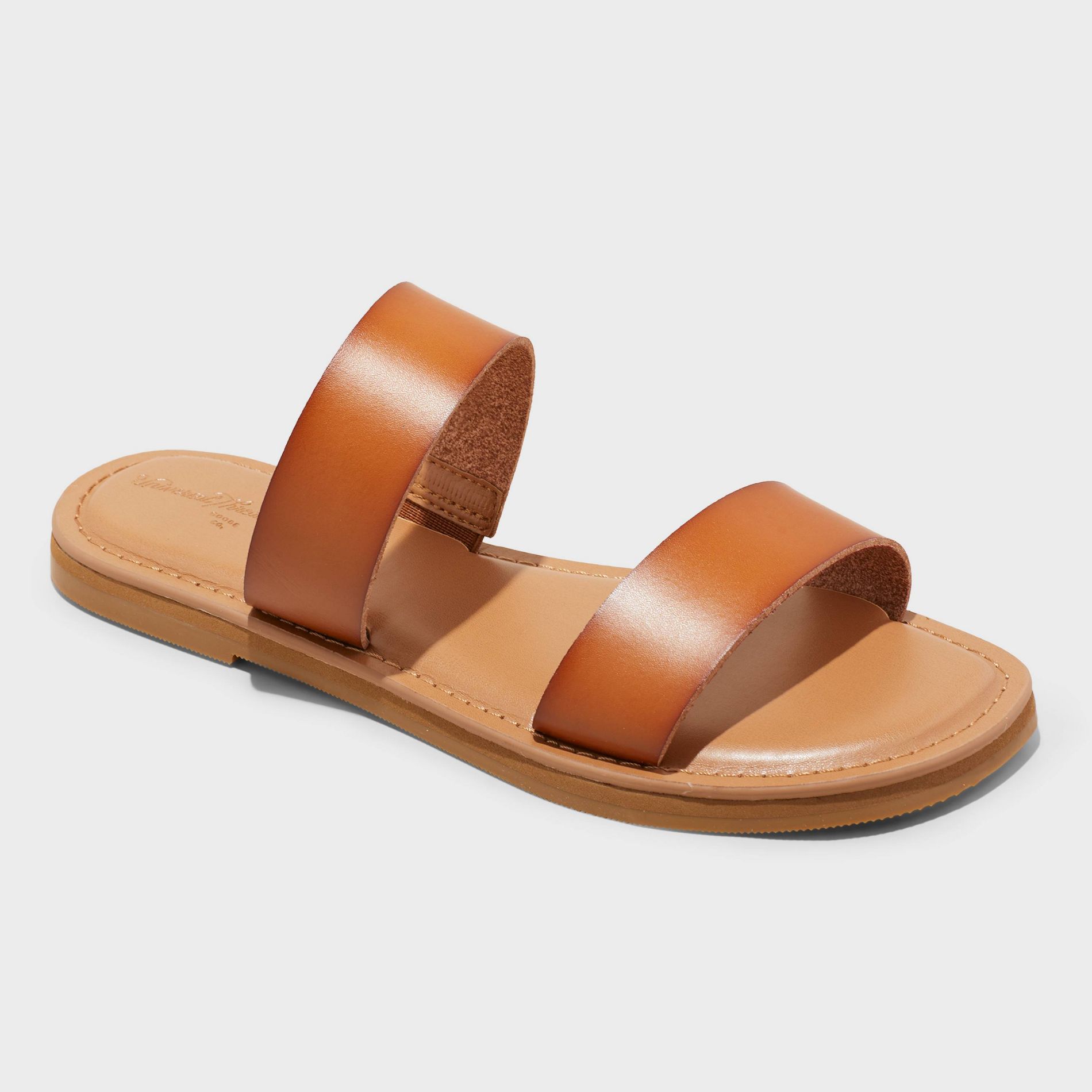Women's Freya Wide Width Two Band Slide Sandals - Universal Thread™ Cognac 6W: Slip On, Contoured Footbed, Open Square Toe