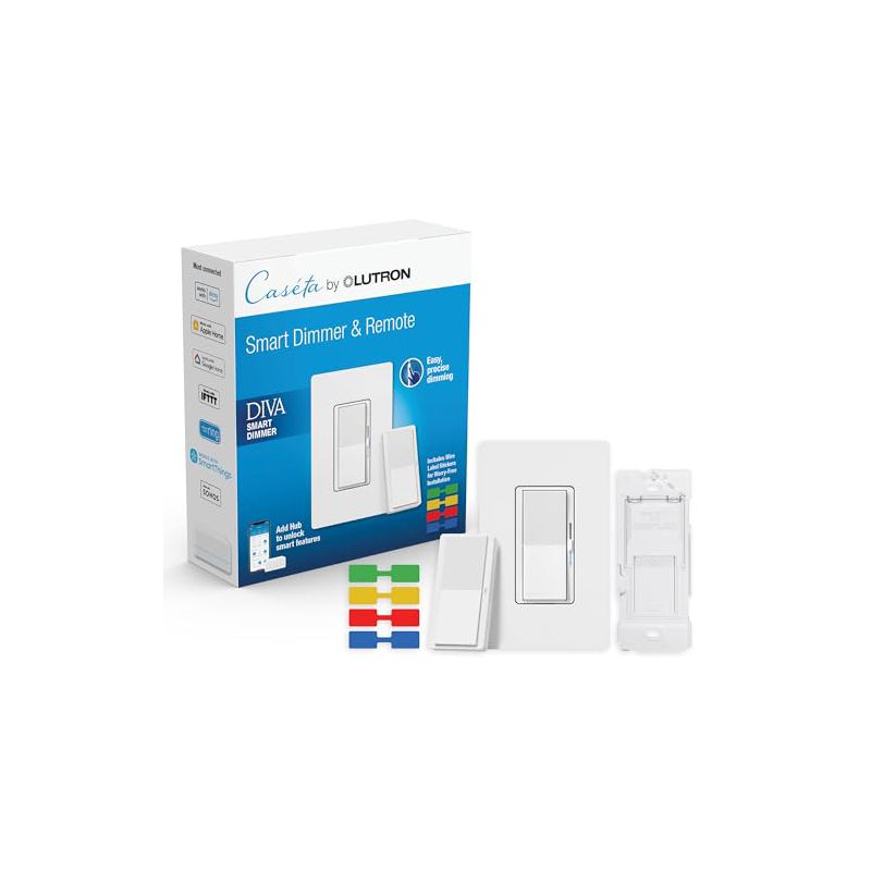 Lutron Diva Smart Dimmer Switch 3-Way Kit with Pico Paddle Remote and Wire Hub Required,DVRF-PKG1D-WH | White, 1 of 8