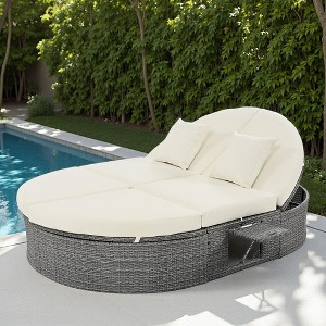 Outdoor Patio Rattan Round Daybed Sunbed with Adjustable Backrests and Foldable Cup Trays - 1 of 4