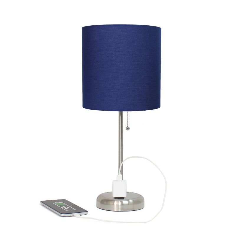 19.5" Bedside Power Outlet Base Metal Table Desk Lamp Brushed Steel with Fabric Shade - Creekwood Home, 4 of 10