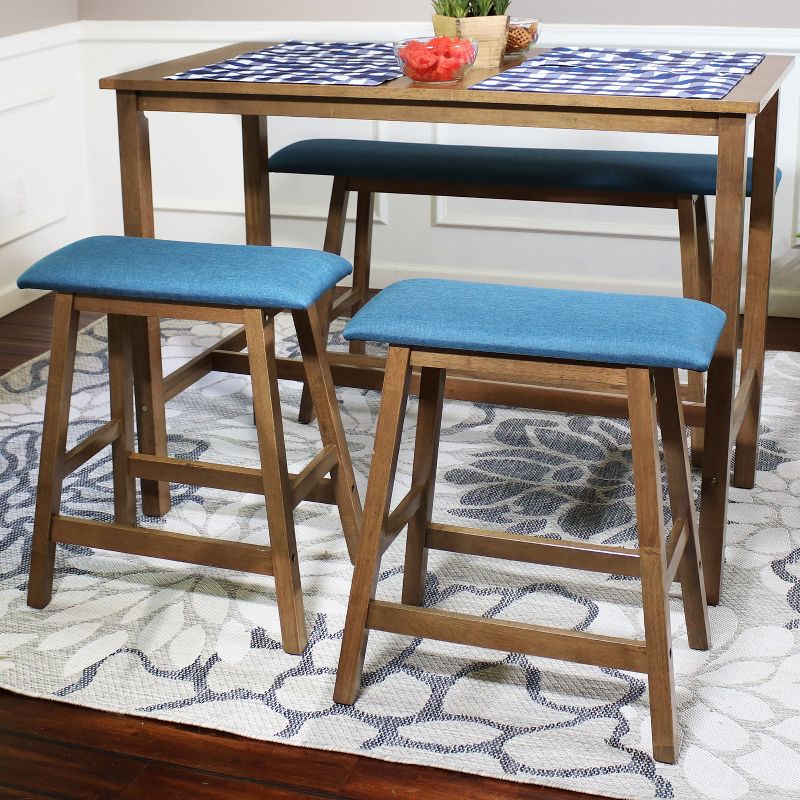 Sunnydaze Set of 2 Indoor Wooden Backless Counter-Height Stools - Weathered Oak Finish with Blue Cushions, 3 of 13