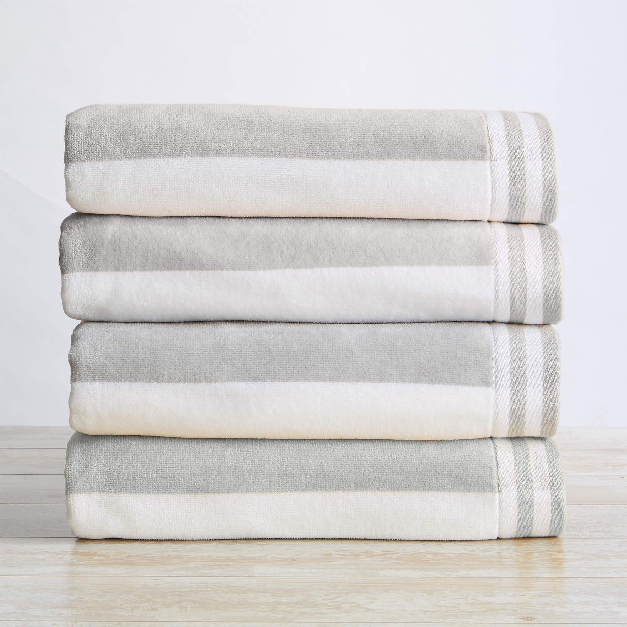 100% Cotton Cabana Striped 4 Pack Oversized Beach Towels - Great Bay Home (35" x 70", Pale Grey).